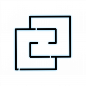 Logo de MacaRoom Escape Room, basado en dos cuadrados negros con resplandor azul