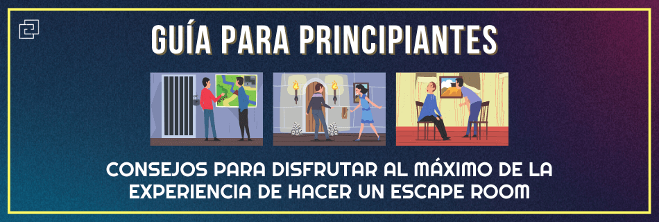 Diseño con tres ilustraciones para una guía para principiantes con consejos para disfrutar al máximo de la experiencia de hacer un escape room en la zona sur de Madrid